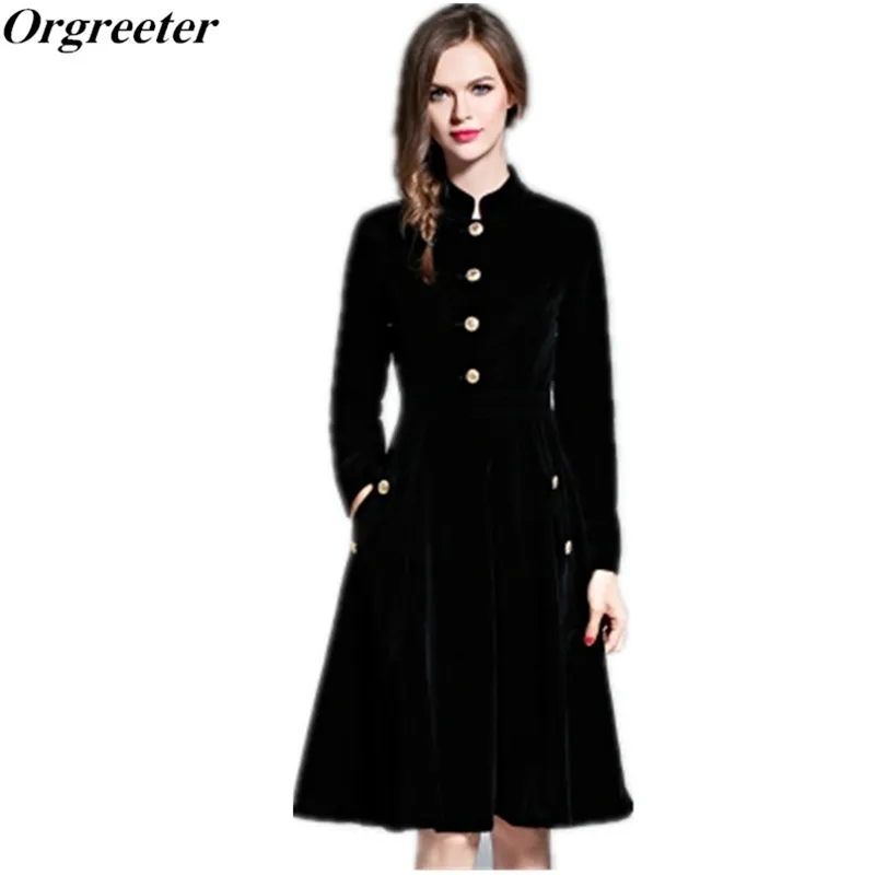 Orgreet elegant zwart fluwelen jurk winter vrouwen vintage lange mouw kantoor werk jurken vestidos robe vrouw hiver 210602