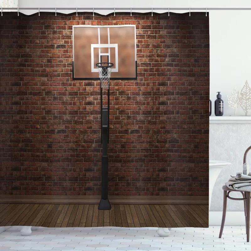シャワーカーテンバスケットボールの古いレンガの壁とフープリム屋内訓練の運動スタジアム絵の浴室装飾セット
