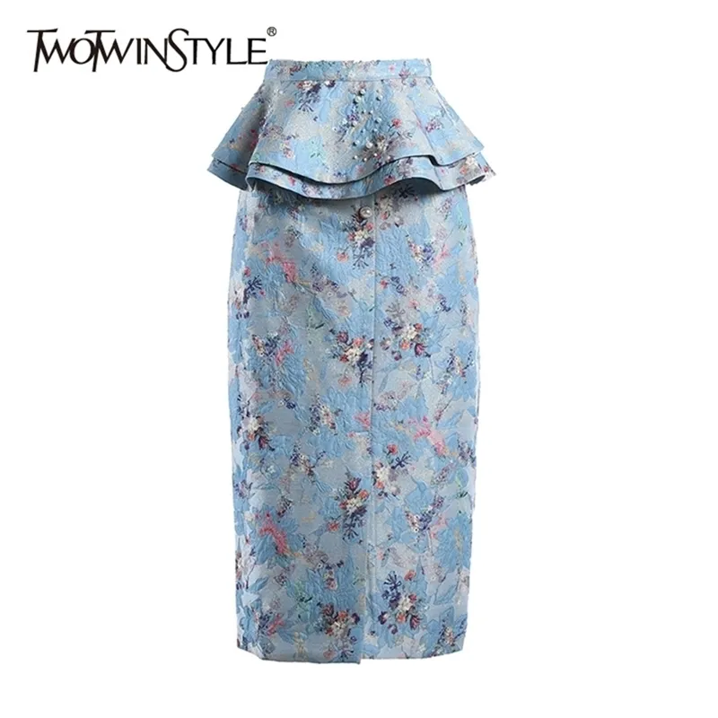 print floral patchwork ruffle skirt for women high waist split hit color bodycon skirts female fashion style 210521