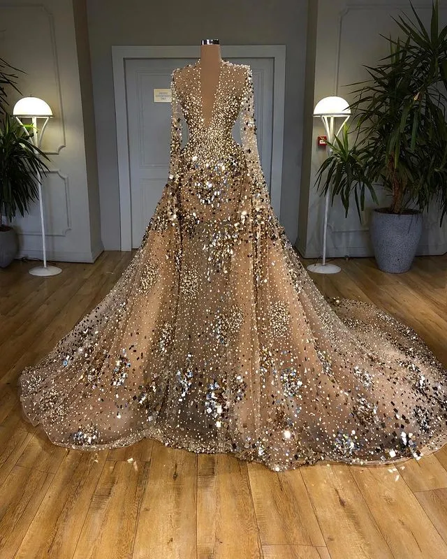 Plus Size Gold Sparkly A-Line Tulle Evening Dress with Crystal Beaded  Sequins and Sweep Train from Dhgate Prom Dresses - price 479.4
