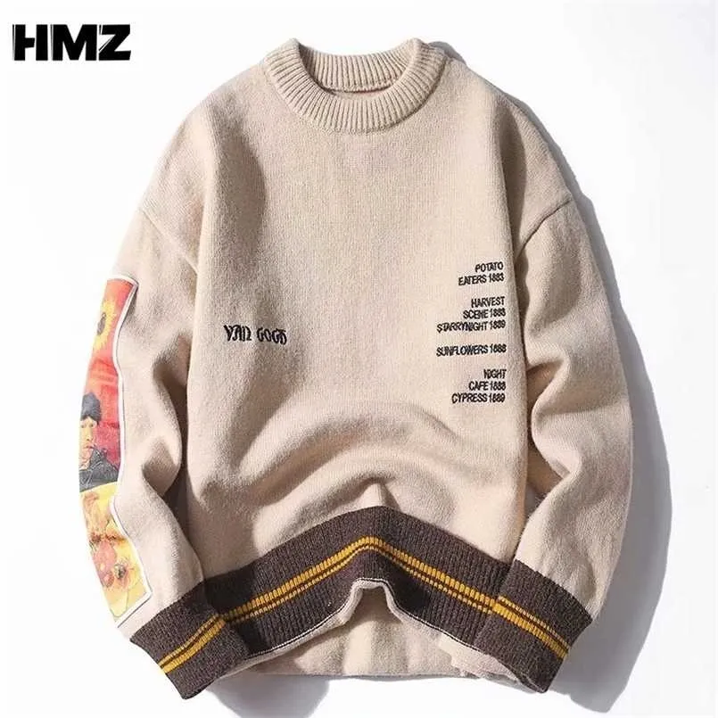 HMZ Van Gogh Manches Patchwork Pull Pull En Tricot Hommes Hip Hop Broderie Pull Ras Du Cou Tricots Chandails Streetwear Tops 211008
