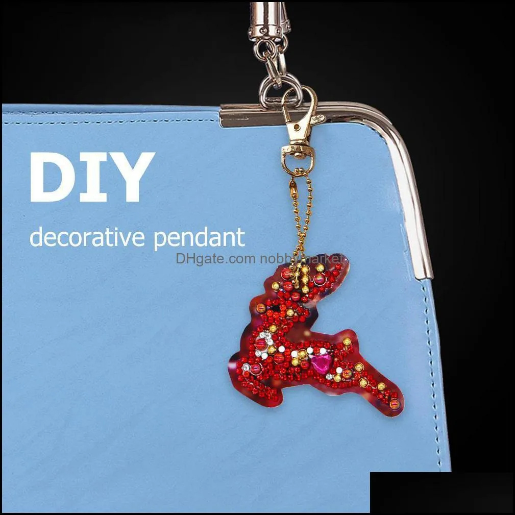 8pcs DIY Full Drill Special Shaped Painting Keychain Diamond Embroidery Keyring Cartoon Christmas Pendant