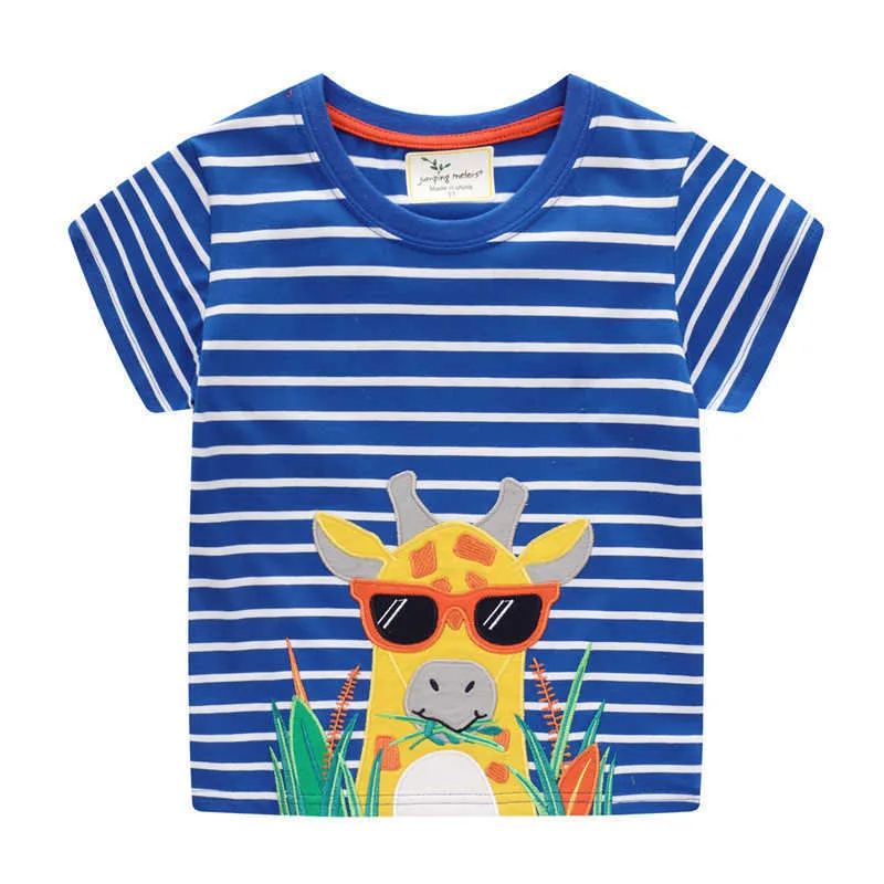 Jumping Metri Stripe Summer Animals Ricamo Ragazzi Tees Top Fashion Girls Baby Cotton T-shirt Abbigliamento per bambini 210529