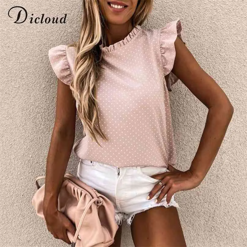 Dicloud Polka Dot Wzburzyć Krótki Rękaw Kobiet Koszula Lato Przycisk Moda Zamknięcie Panie Bluzki Casual Sweet Top 210719