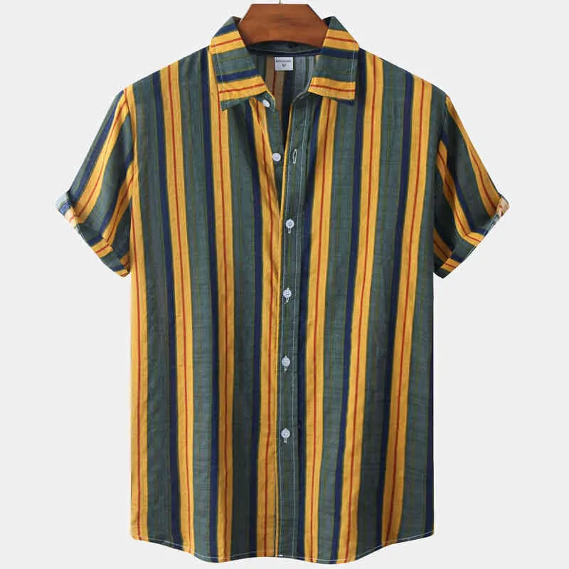 Striped T Shirts Men Kortärmad Utskrift Casual Mens Aloha Shirt Strand Hawaiian Camisas Summer Märke Mysig överdimensionerad Camisa 210524