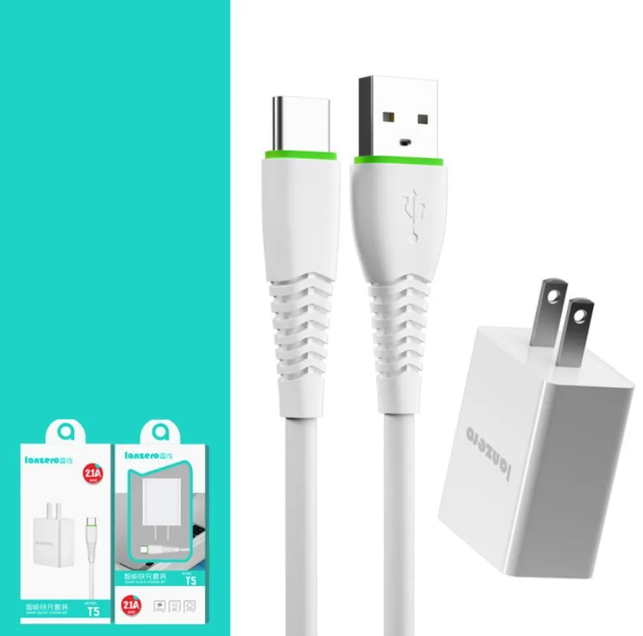 Oplader Kits Kabel Type-C Micro USB + 5V 2A Wall Charge Fast Charging Phone AC Adapter US Plug Reizen met Detailhandel