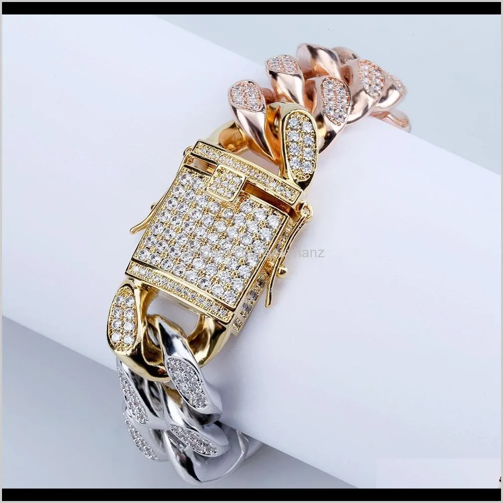 full of zircon jewelry buckled cuban chain bracelet 14mm man plating three color gold bracelet