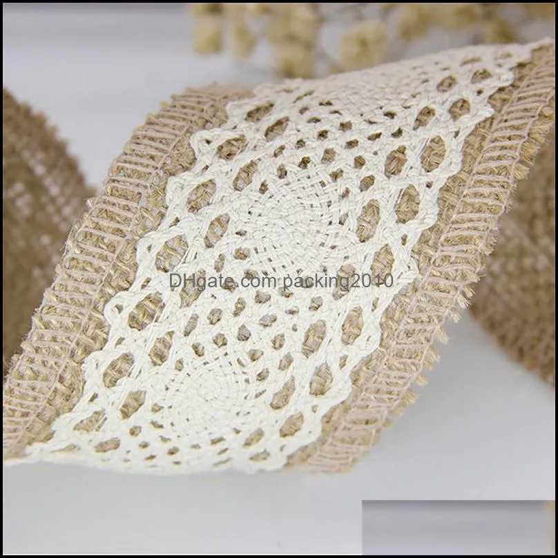 Party Decoration 2 Meters Width 5CM Ivory Color Natural Jute Rolls Burlap Hessian Lace Ribbons With Cotton Ornament Wedding Decor