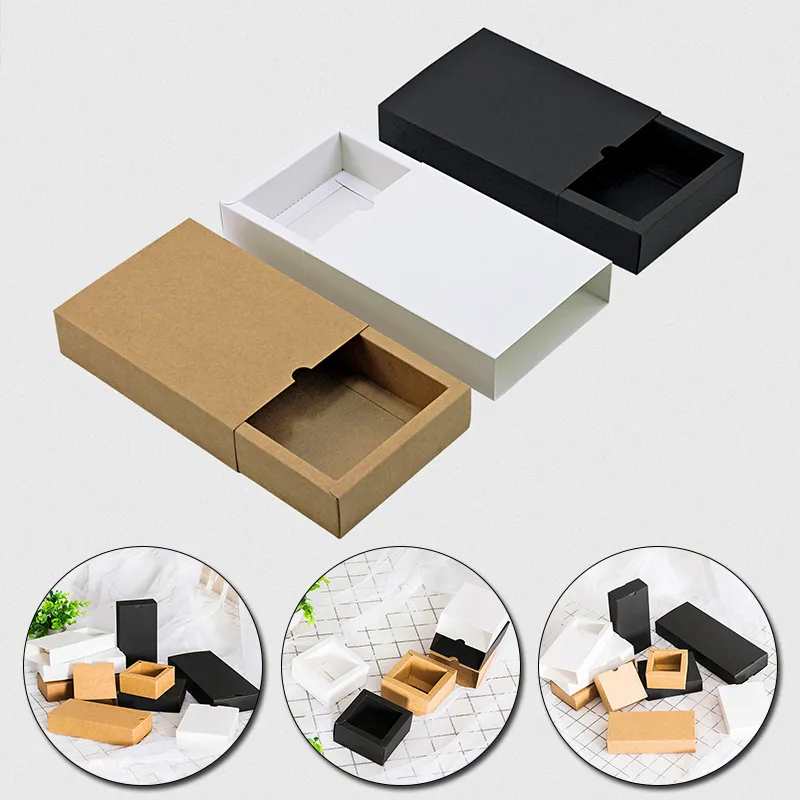 1Pcs Black Kraft Gift Packaging Cardboard Box Black Packing Box White Paper Drawer Wedding Favor Delicate