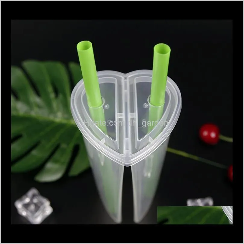 600ml heart shaped double share cup transparent plastic disposable cups with lids milk tea juice cups for lover couple sn1446
