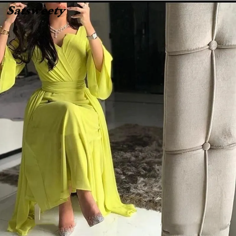 Chiffon V Neck Dubai evening dress 2021 Half sleeve Sexy Prom gown Vestido fiesta Caftan marocain