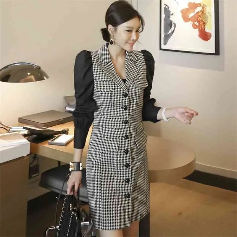 autumn winter European and American commuting temperament houndstooth stitching thin single-breasted dress women 210416