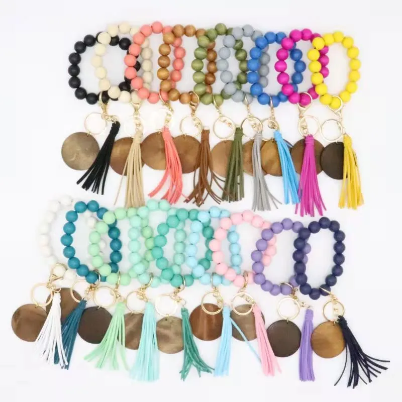 Keychain Lanyards Cross-border Beaded Wooden Bead Fashion Personality Disc Tassel Bracelet Key Ring Female Wholesale