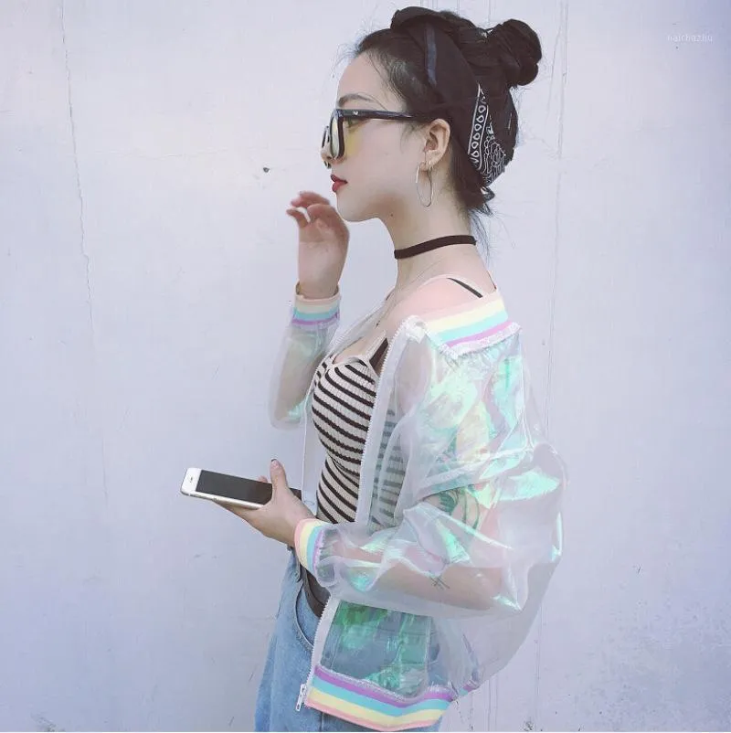 Women's Jackets Women Transparent Jacket Holographic Coat Rainbow Neck Clear/Bomber Outwear