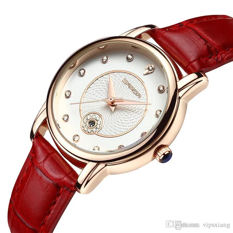 Women fashion watch calendar Quartz Wristwatch Rhinestone Red White Black leather strap girl Casual sports watches waterproof luxury Gift