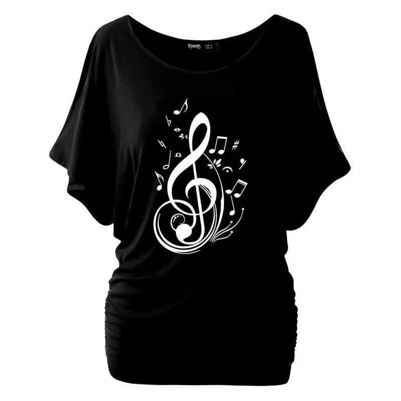 Nya musikaliska anteckningar Living Print T Shirt Kvinnor Batwing Bomull O Neck Kortärmad Sommar T-shirt Toppar Casual Tshirt Plus Size Y0621
