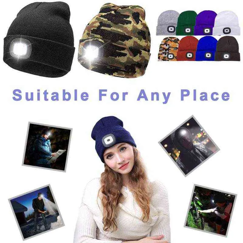 Unisex 4 LED Podświetlany Przycisk Cap Typ Baterii Ciepłe Czapki Outdoor Fishing Running Beanie Hat Flash Reflektor Camping Wspinaczka Ca Y21111