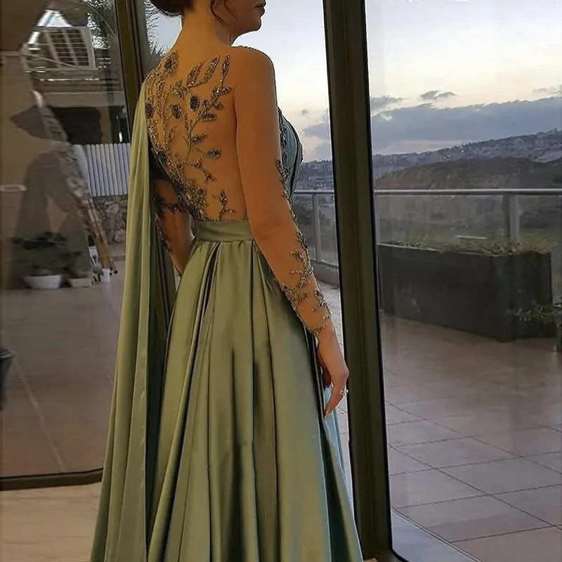 Elegant 2021 Arabic One Shoulder Olive Green Prom Dress with Cape and Long Sleeves - Olive Green, Plus size, Crystal Beading, Perfect for Dubai