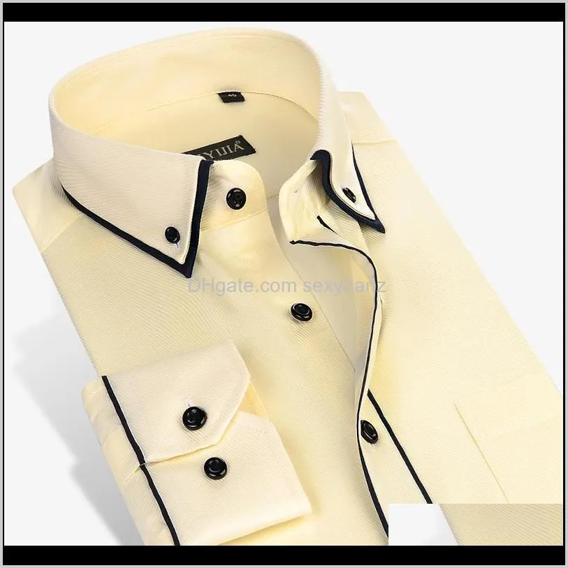 Męskie Podwójne Kołnierz Projekt Solidna Z Długim Rękawem Mężczyźni Sukienka Slim Fit ButtonDown White Office Smart Casual Męskie Koszule robocze 9W1VU Svzry