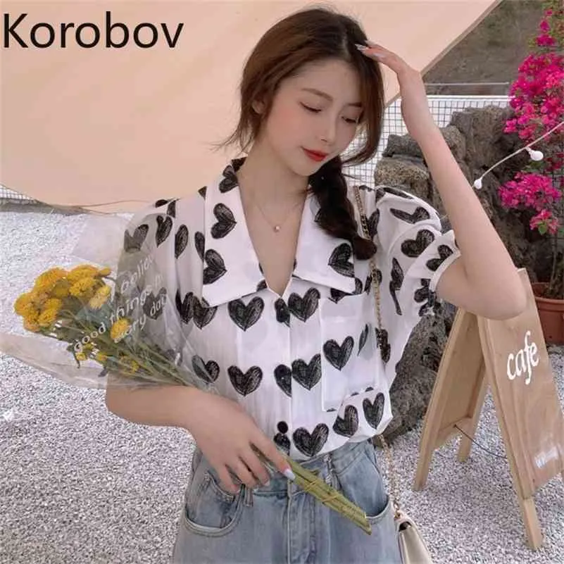 Korobov nouveauté manches bouffantes femmes Blouses coréen bureau dame élégant amour imprimer femmes chemises été doux Blusas Mujer 210430