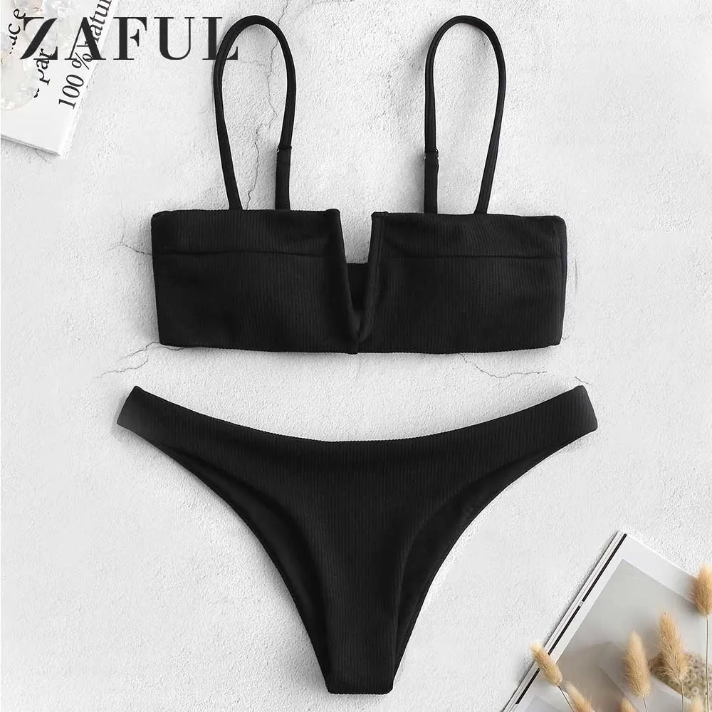 Zaful Ribbed Knot V-Wired Padded Bikini Set Kvinnor Spaghetti Straps Padded Wire Gratis Beachwear Low Waisted Solid Två Pieces Set X0522