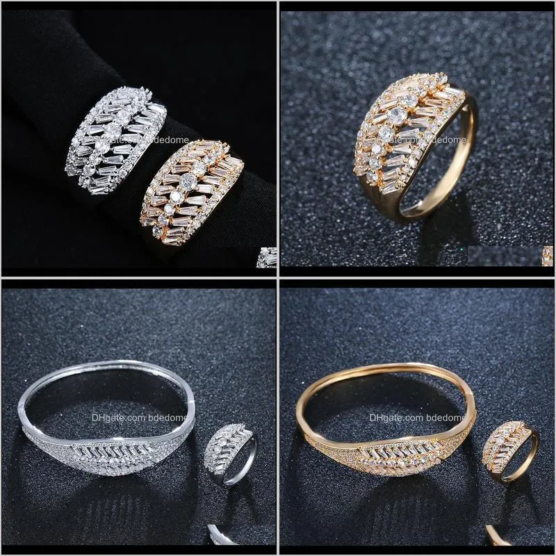 dazz deluxe plant leaf cubic cz zircon ring bracelet trendy african bangle bohemian bracelet women gold fashion jewelry set gift