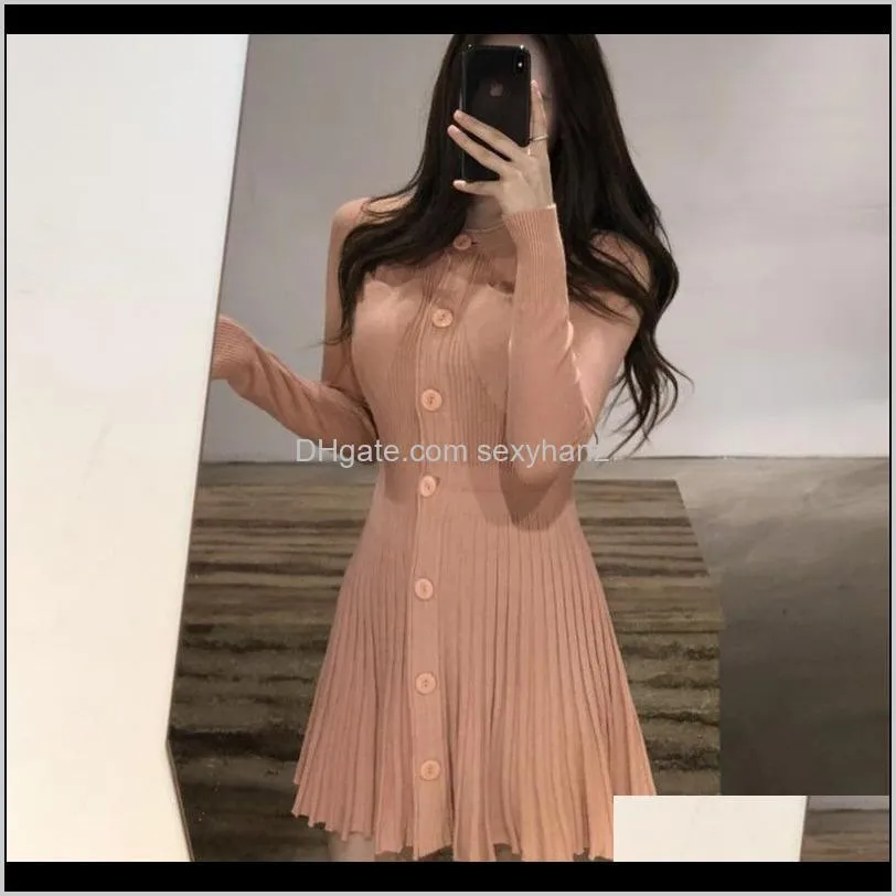 korean casual single breasted knitting mini dress women autumn winter buttons knitted sweater dress pleated robe femme vestidos