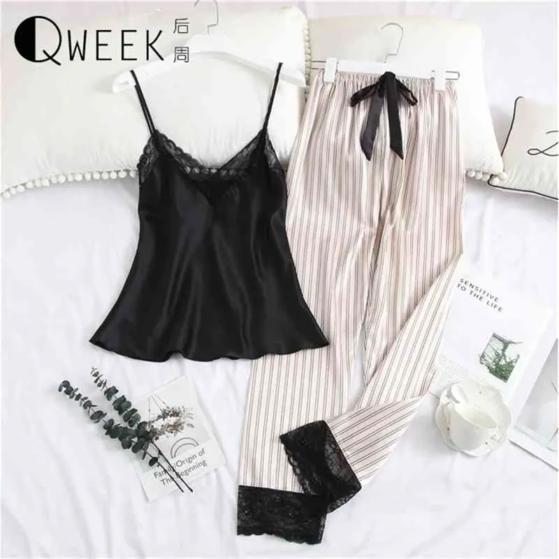 Pijamas para mulheres Sexy Lace Seda Silk Sleepwear Tops + Calças Ternos Noturais V-Neck Pijama Mujer Solto Lounge Início Roupas 210330