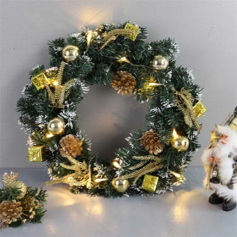 Christmas LED Wreath Front Door Hanging Garland Holiday Home Decorations Xmas Tree Ornaments with LED Light String 211104