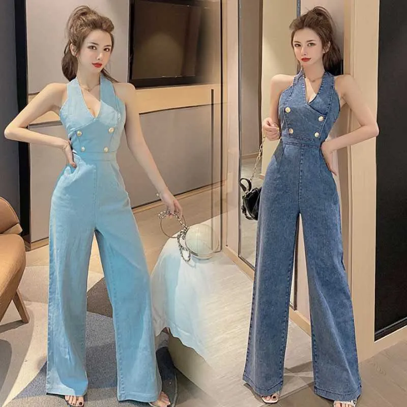 Mulheres Moda Jeans Jumpsuits Summer Sexy Halter Backless Cintura alta Largura Pant Calças Casuais Slim 210531