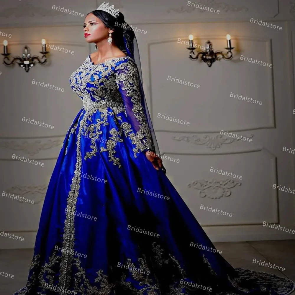 Robe de mariée marocaine traditionnelle bleu royal 2021 grande taille à manches longues en satin pays robes de mariée gothiques élégantes appliques dentelle bohème robes de mariée musulmanes