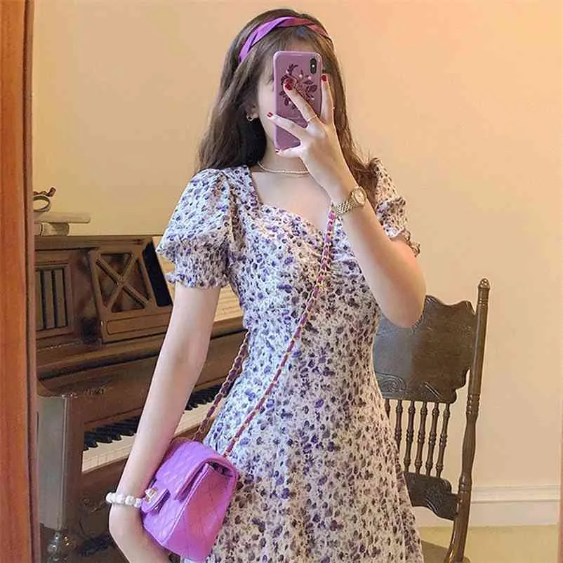 BP 미디 드레스 여성 우아한 A 라인 한국어 빈티지 보라색 시폰 여름 여성 드레스 파티 스퀘어 칼라 Boho Vestidos 210331