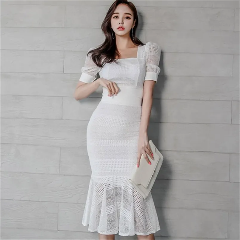 Women Summer Two Piece Set Fashion Lace Hollow out Square Collar Puff Sleeve Short Tops + High Waist Bodycon Mermaid Skirts 210519