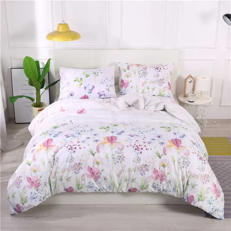2 / 3pcs Vacker blomma fjädervågryck sängkläder Set Soft Andas Duvet Täckkudde Fullt Queen King Size BedClothes 211007