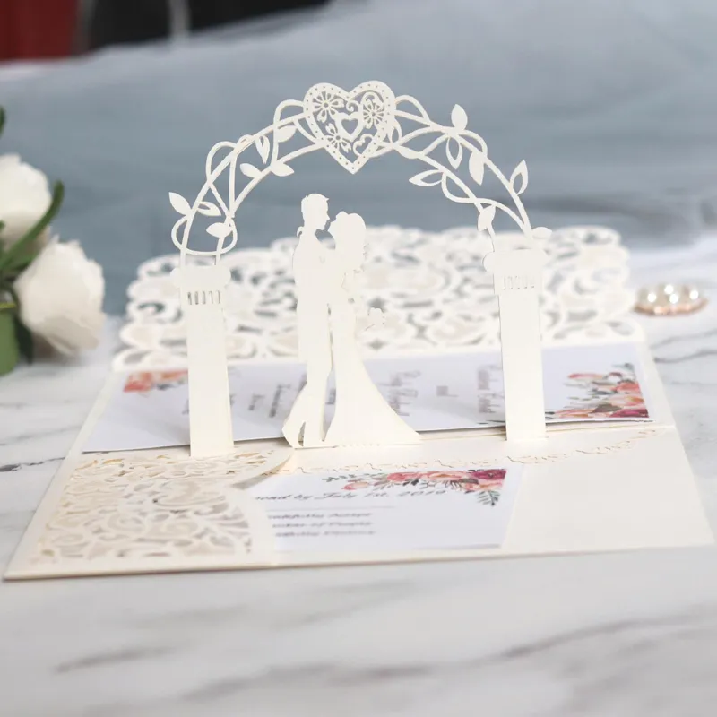 (10 pièces/lot) 3D Pop Up mariée et marié blanc carte d'invitation de mariage découpé au Laser poche Invitations de fiançailles florales IC052