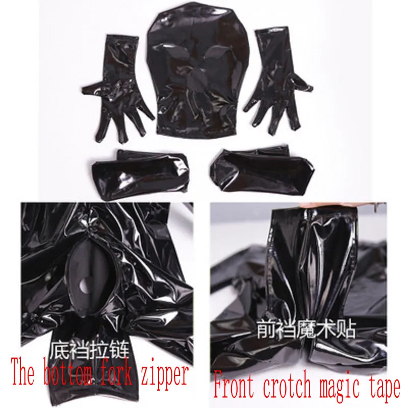 Catsuit Costumes 4 Piece Sets Sexy Shiny Bodysuit Men Full Body Cover PU Latex U Convex Pouch Catsuit Sexy Lingerie Tight Gay Wear