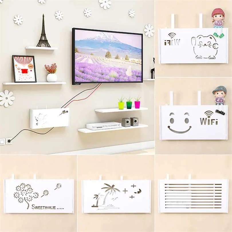 Wifi Router Shelf Wall mount Storage Boxes Cable Power Wire Bracket Wood-Plastic Hanging Plug 211102