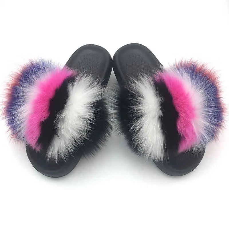 Luxury Real Fox Fur Platform Pink Fluffy Slippers For Women Fluffy