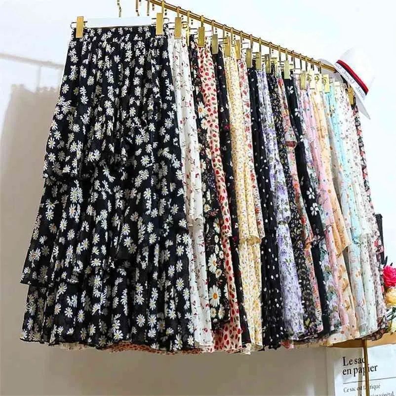 Летний сладкий цветочный печатный ярусный шифон длинная юбка каскадные скидные рюкзавые a-линии юбки 210621