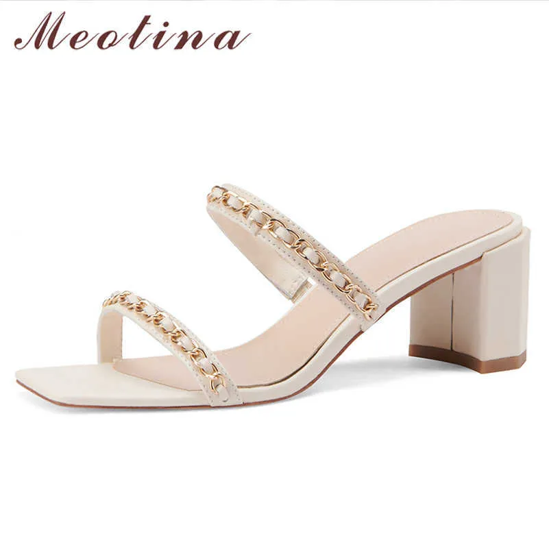 Meotina Pantoufles Chaussures Femmes Véritable Sandales En Cuir Chaîne À Talons Hauts Diapositives Bout Carré Talon Épais Dames Chaussures D'été Noir 210608