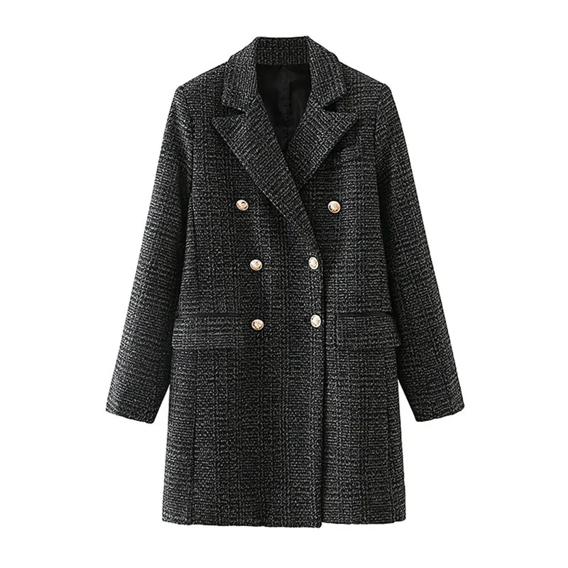 BLSQR Vintage Casual Plaid Blazer mujer moda doble botonadura Oficina señoras chaqueta bolsillo diseño manga larga trajes abrigo 210430
