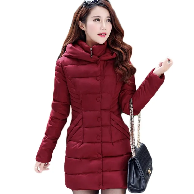 ジャケット女性ワインレッドM-3XLプラスサイズフード付きパーカー秋冬ファッションスリムロング厚い暖かさ綿コートLR923 210531