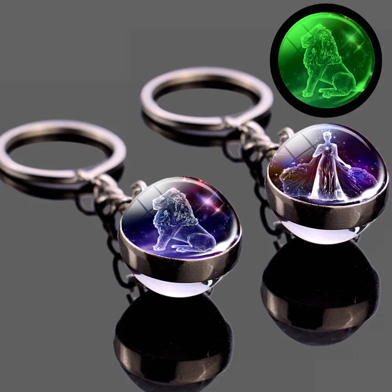 12 Constellation Luminous Keychain Glow In The Dark Glaskula hänge Zodiac Nyckelring Hållare Presenter för män Kvinnor Älskare Vän