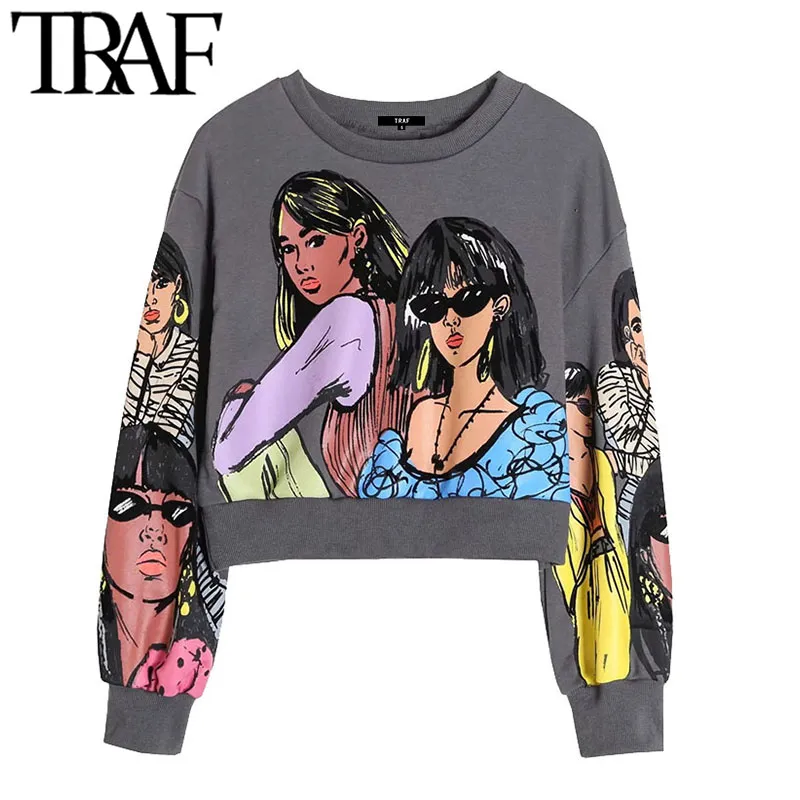 TRAF Femmes Mode Charater Imprimer Lâche Sweat-shirt Vintage O Cou À Manches Longues Femme Pulls Chic Tops 210415