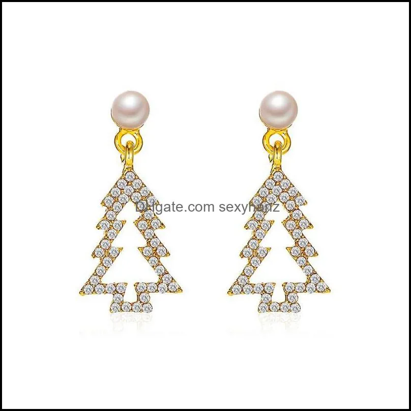 Christmas Tree Diamond Stud Earrings Women Hollow Out Pine Pearl Ear Drop Female Anniversary Party Gift Gold Dangle Earring Jewelry Accessories