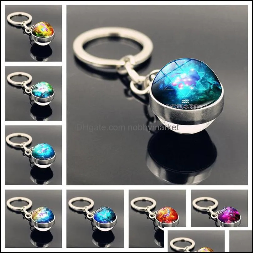 Keychains Fashion Aessories Double-Sided Glass Crystal Ball 12 Constellation Time Stone Keychain Keyring Creative Men Women Bag Car Key Jewe