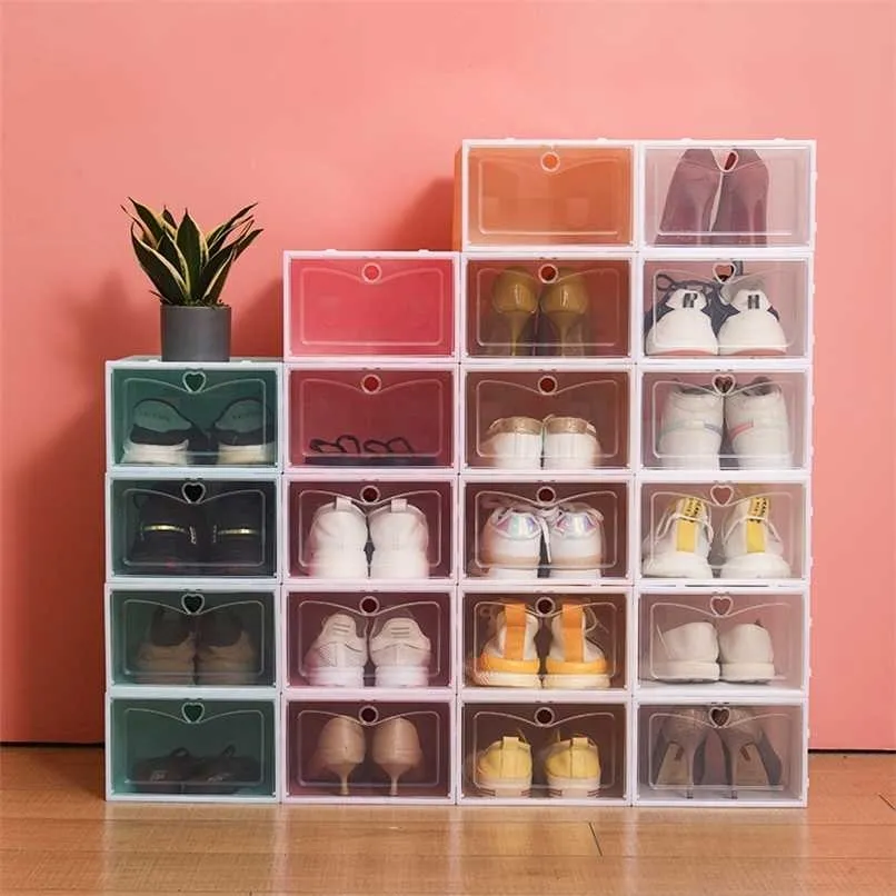 6pcs مربع الأحذية مجموعة متعددة الألوان قابلة للطي البلاستيك واضحة المنظم المنظم المنظم الحذاء مكدس الشاشة منظم مربع واحد 222676