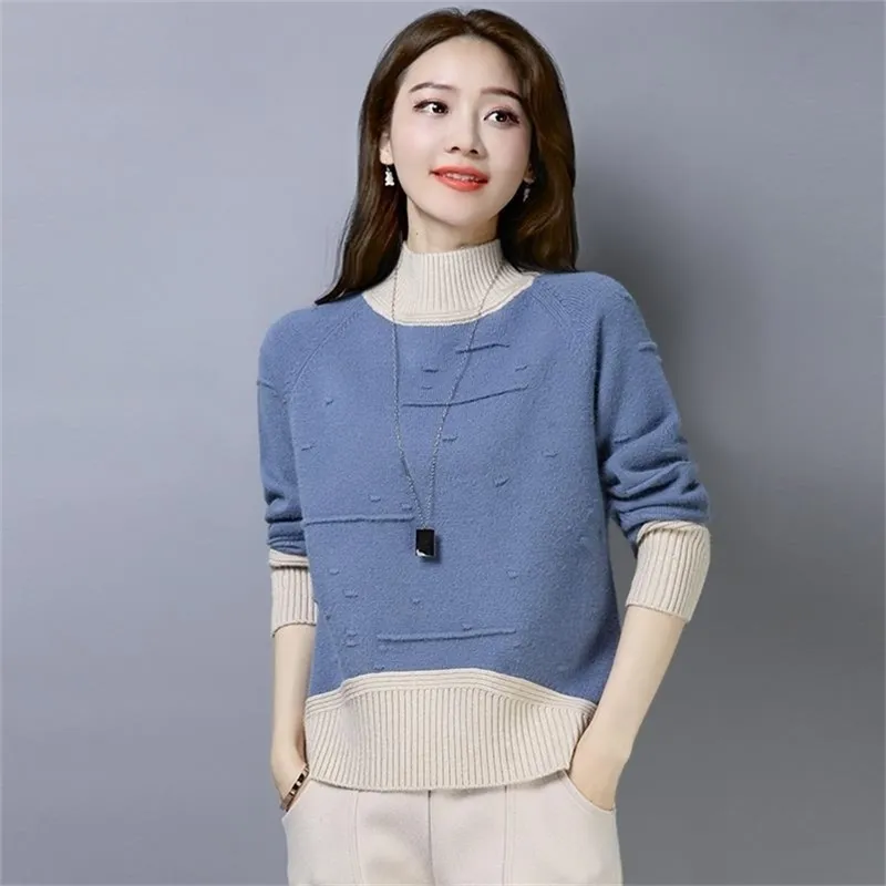 Loose Turtleneck Long Sleeve Sweater Women Stitching Striped Jacquard Knitted Bottoming Pullover Jumpers Female Spring Autumn 210427