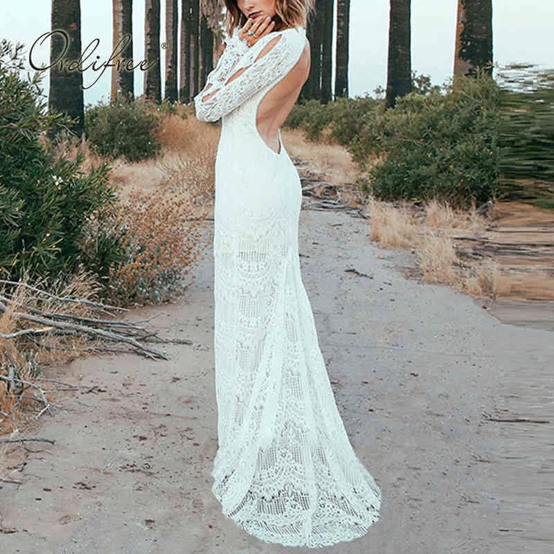 Summer Women Party Long Sleeve Floor Length Sexy Backless White Lace Maxi Dress 210415 From 36 08 DHgate