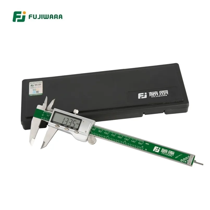 Fujiwara Rostfritt stål Digital LCD Electronic Vernier Caliper mm / tum 0-150mm Noggrannhet 0,01 mm Plastlåda Förpackning 210922